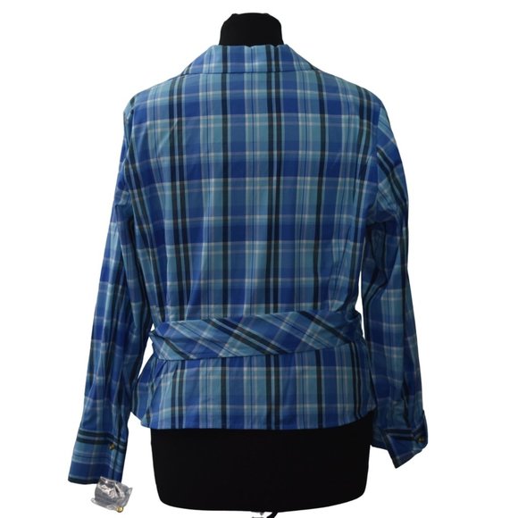 Jones New York Signature Woman 1X Blouse Blue Plaid Belted - Picture 3 of 8